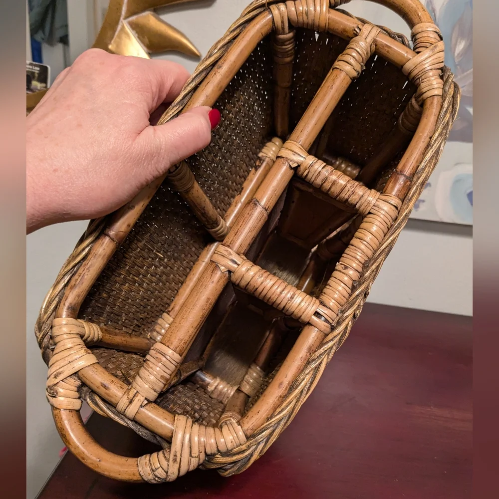 Basket Utensil Caddy Divided Storage Bohemian Organizer Vintage EUC Brown Wicker